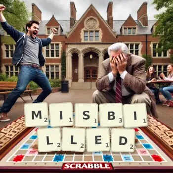 Creative illustration for a Scrabble game with the word MISBILLED spelled out in tiles on the board.