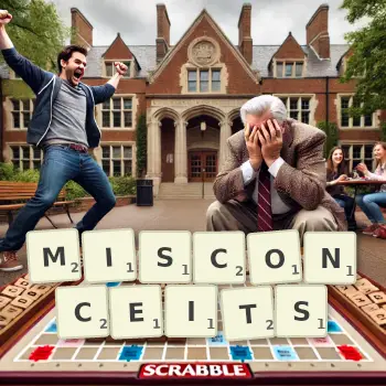 Creative illustration for a Scrabble game with the word MISCONCEITS spelled out in tiles on the board.