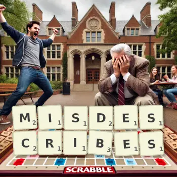 Creative illustration for a Scrabble game with the word MISDESCRIBES spelled out in tiles on the board.