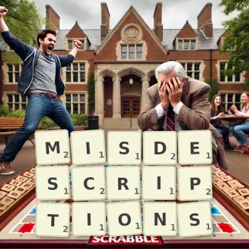 Creative illustration for a Scrabble game with the word MISDESCRIPTIONS spelled out in tiles on the board.