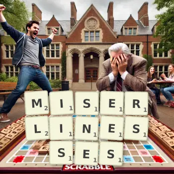 Creative illustration for a Scrabble game with the word MISERLINESSES spelled out in tiles on the board.