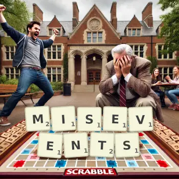 Creative illustration for a Scrabble game with the word MISEVENTS spelled out in tiles on the board.