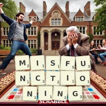 Creative illustration for a Scrabble game with the word MISFUNCTIONING spelled out in tiles on the board.