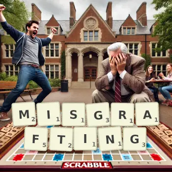 Creative illustration for a Scrabble game with the word MISGRAFTING spelled out in tiles on the board.