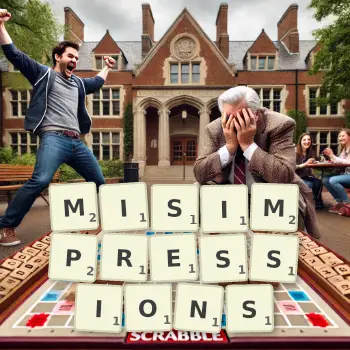 Creative illustration for a Scrabble game with the word MISIMPRESSIONS spelled out in tiles on the board.