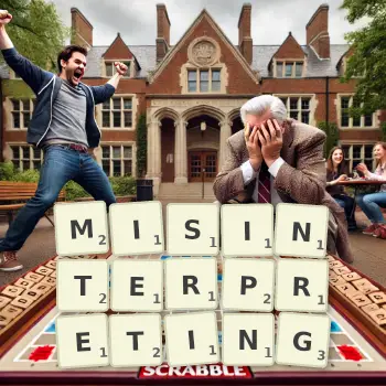 Creative illustration for a Scrabble game with the word MISINTERPRETING spelled out in tiles on the board.