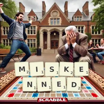 Creative illustration for a Scrabble game with the word MISKENNED spelled out in tiles on the board.