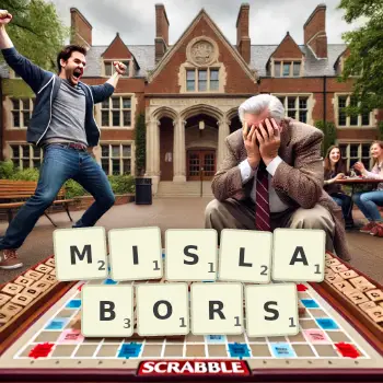Creative illustration for a Scrabble game with the word MISLABORS spelled out in tiles on the board.