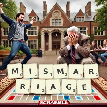 Creative illustration for a Scrabble game with the word MISMARRIAGE spelled out in tiles on the board.