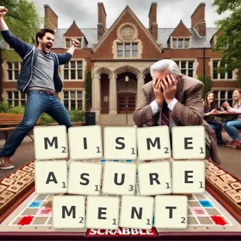 Creative illustration for a Scrabble game with the word MISMEASUREMENT spelled out in tiles on the board.