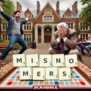 Creative illustration for a Scrabble game with the word MISNOMERS spelled out in tiles on the board.