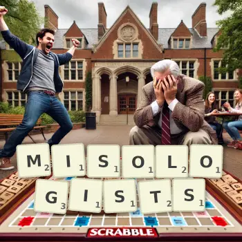 Creative illustration for a Scrabble game with the word MISOLOGISTS spelled out in tiles on the board.