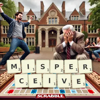 Creative illustration for a Scrabble game with the word MISPERCEIVE spelled out in tiles on the board.