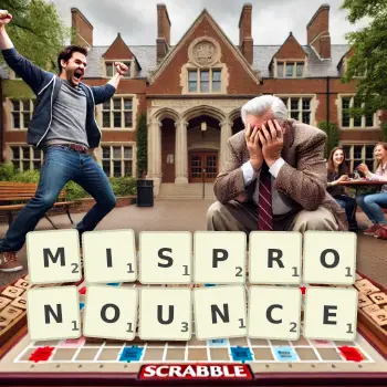 Creative illustration for a Scrabble game with the word MISPRONOUNCE spelled out in tiles on the board.
