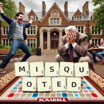 Creative illustration for a Scrabble game with the word MISQUOTED spelled out in tiles on the board.