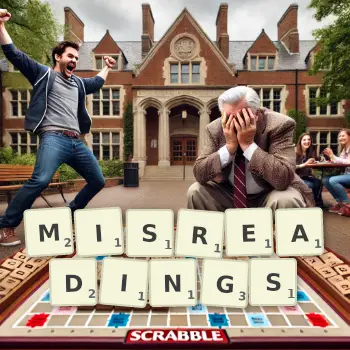 Creative illustration for a Scrabble game with the word MISREADINGS spelled out in tiles on the board.
