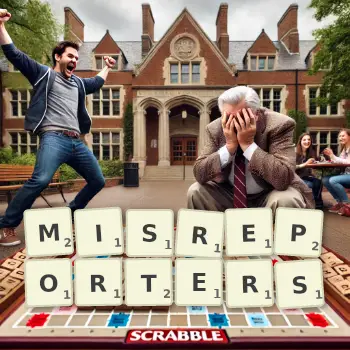Creative illustration for a Scrabble game with the word MISREPORTERS spelled out in tiles on the board.