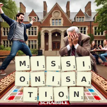 Creative illustration for a Scrabble game with the word MISSIONISATION spelled out in tiles on the board.