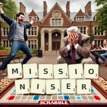 Creative illustration for a Scrabble game with the word MISSIONISER spelled out in tiles on the board.