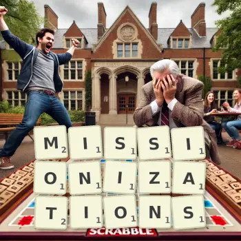 Creative illustration for a Scrabble game with the word MISSIONIZATIONS spelled out in tiles on the board.