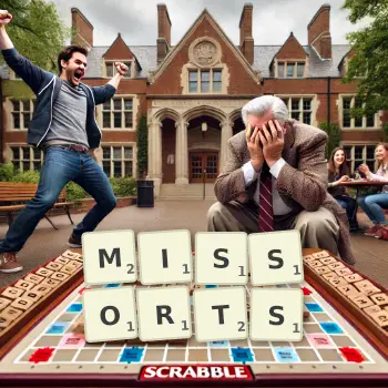 Creative illustration for a Scrabble game with the word MISSORTS spelled out in tiles on the board.