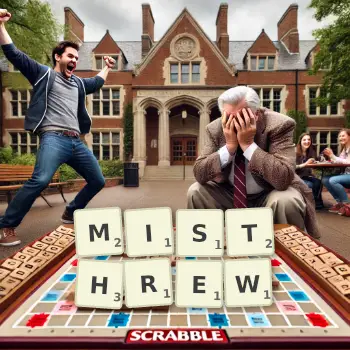 Creative illustration for a Scrabble game with the word MISTHREW spelled out in tiles on the board.