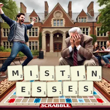 Creative illustration for a Scrabble game with the word MISTINESSES spelled out in tiles on the board.