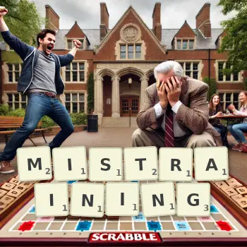 Creative illustration for a Scrabble game with the word MISTRAINING spelled out in tiles on the board.