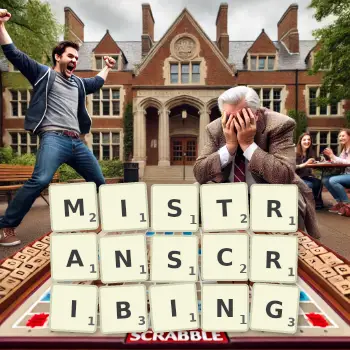 Creative illustration for a Scrabble game with the word MISTRANSCRIBING spelled out in tiles on the board.
