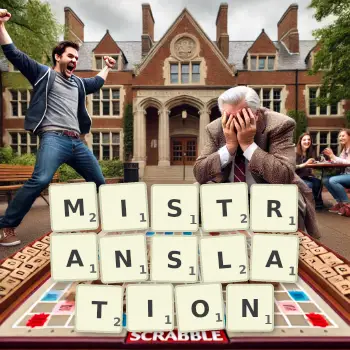 Creative illustration for a Scrabble game with the word MISTRANSLATION spelled out in tiles on the board.