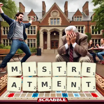 Creative illustration for a Scrabble game with the word MISTREATMENT spelled out in tiles on the board.