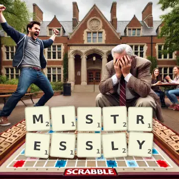 Creative illustration for a Scrabble game with the word MISTRESSLY spelled out in tiles on the board.