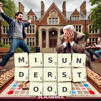 Creative illustration for a Scrabble game with the word MISUNDERSTOOD spelled out in tiles on the board.