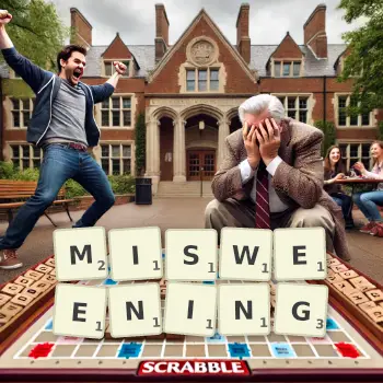 Creative illustration for a Scrabble game with the word MISWEENING spelled out in tiles on the board.