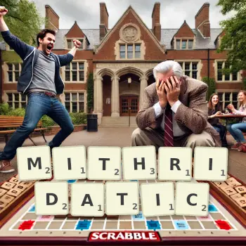 Creative illustration for a Scrabble game with the word MITHRIDATIC spelled out in tiles on the board.