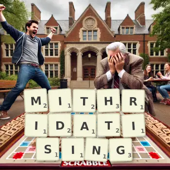 Creative illustration for a Scrabble game with the word MITHRIDATISING spelled out in tiles on the board.