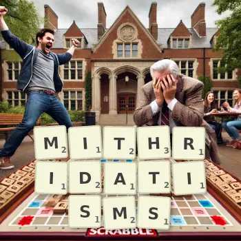 Creative illustration for a Scrabble game with the word MITHRIDATISMS spelled out in tiles on the board.