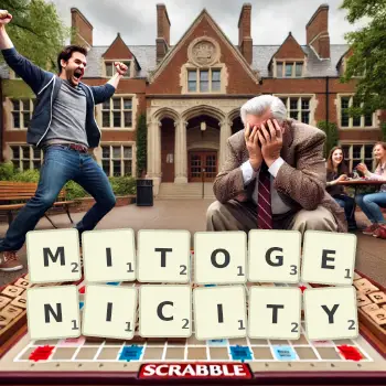 Creative illustration for a Scrabble game with the word MITOGENICITY spelled out in tiles on the board.