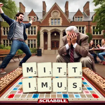 Creative illustration for a Scrabble game with the word MITTIMUS spelled out in tiles on the board.