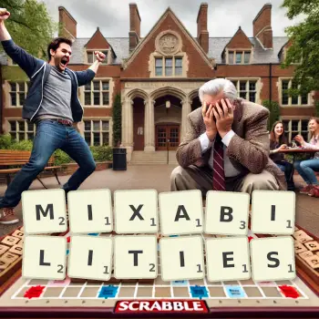 Creative illustration for a Scrabble game with the word MIXABILITIES spelled out in tiles on the board.