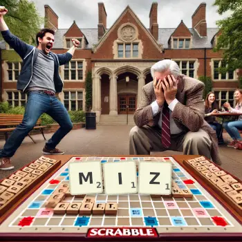 Creative illustration for a Scrabble game with the word MIZ spelled out in tiles on the board.
