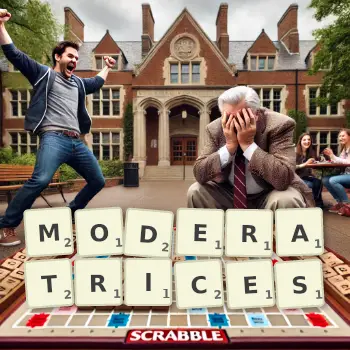 Creative illustration for a Scrabble game with the word MODERATRICES spelled out in tiles on the board.