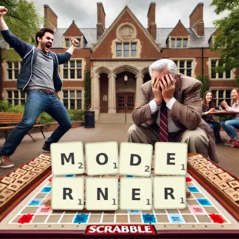 Creative illustration for a Scrabble game with the word MODERNER spelled out in tiles on the board.