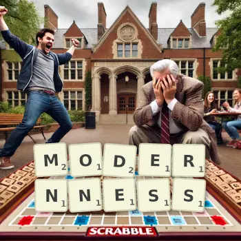 Creative illustration for a Scrabble game with the word MODERNNESS spelled out in tiles on the board.
