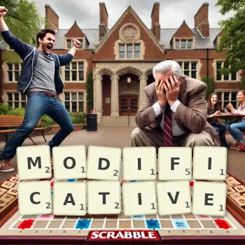 Creative illustration for a Scrabble game with the word MODIFICATIVE spelled out in tiles on the board.
