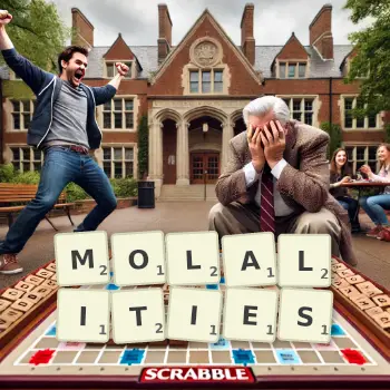 Creative illustration for a Scrabble game with the word MOLALITIES spelled out in tiles on the board.