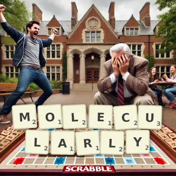 Creative illustration for a Scrabble game with the word MOLECULARLY spelled out in tiles on the board.