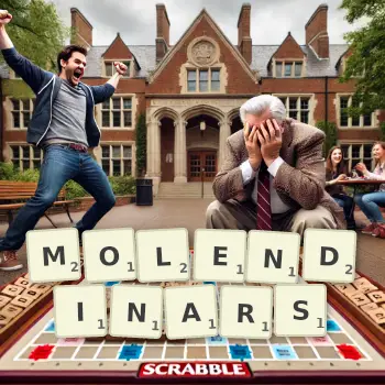 Creative illustration for a Scrabble game with the word MOLENDINARS spelled out in tiles on the board.
