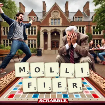 Creative illustration for a Scrabble game with the word MOLLIFIER spelled out in tiles on the board.