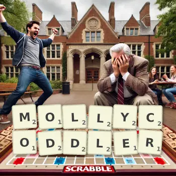 Creative illustration for a Scrabble game with the word MOLLYCODDLER spelled out in tiles on the board.